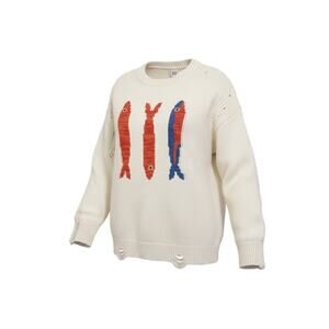 BDG Kurt Fish Graphic Distressed Oversized Fisherman Sweater Size Large New